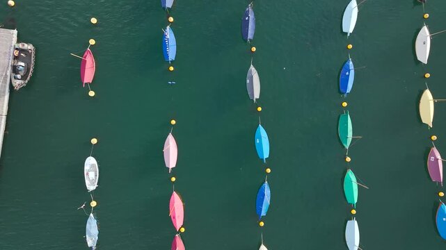 Top-down view of sailboats on the river Fowey from a drone, Fowey, Cornwall, England