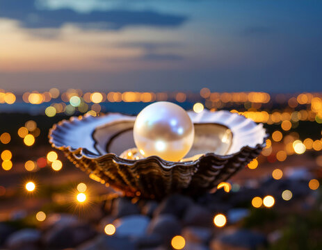 Luminous Pearl in Oyster Shell With Golden City Bokeh