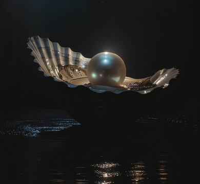 Iridescent Pearl Resting in Open Oyster Shell on Black Background