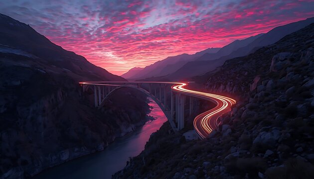Mountain landscape at dusk with large arched bridge spanning deep river valley, vivid pink purple and blue sky from setting sun, winding road leading onto bridge with long exposure red light trails, s