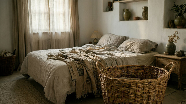 Unmade bed with crumpled linen and worn quilt in a Mediterranean bedroom with olive green ceramics