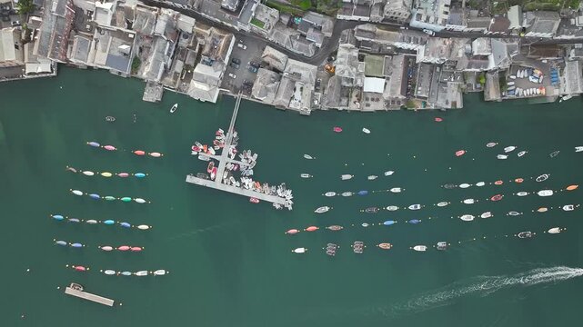 Top-down view of sailboats on the river Fowey from a drone, Fowey, Cornwall, England
