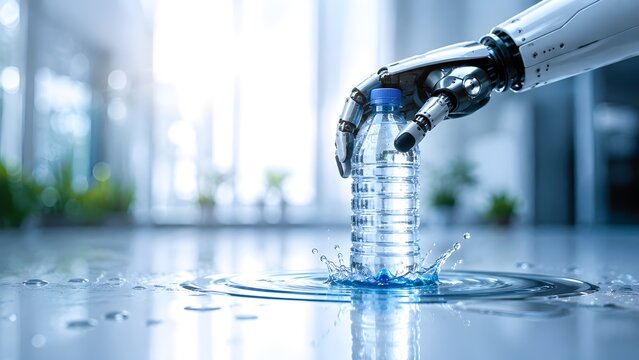 Robotic hand holding a plastic water bottle causing a splash. Concept of automated beverage manufacturing and advanced technology.