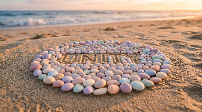 Pastel pebbles arranged into unity text message resting upon sandy beach at golden hour sunset with collection smooth pastel colored stones arranged circle sandy ground