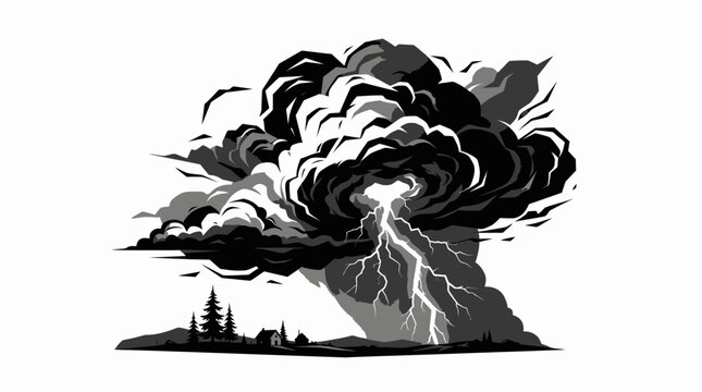Dramatic dark tempestuous storm cloud formation with bright lightning strikes illuminating the sky over a silhouetted landscape of trees and village settlement during a powerful atmospheric