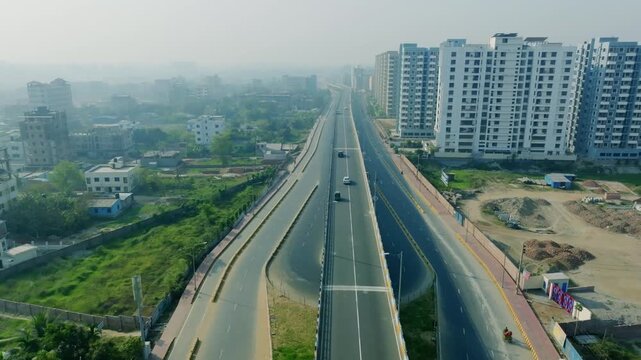 Winter Morning Aerial View Of Foggy Dhaka Highway Landscape