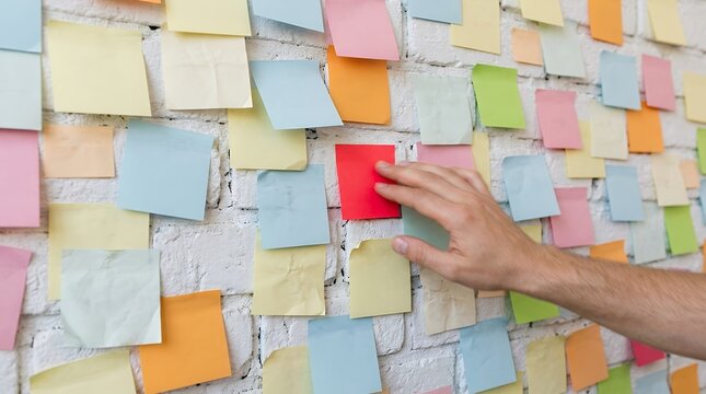 Man's hand picking a red sticky note from a white brick wall during a 45 minute brainstorming session
