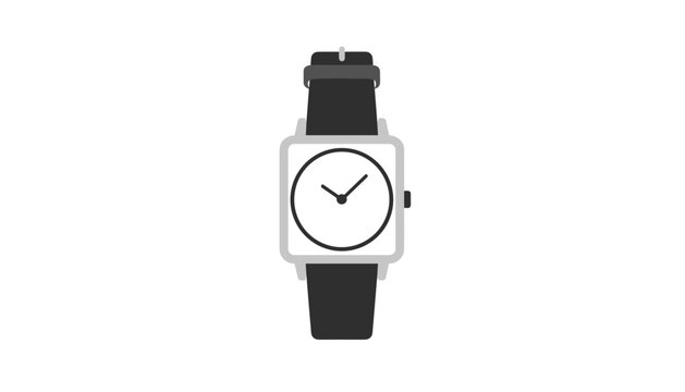 Square analog wristwatch with a black leather strap shown in a flat minimalist design vector illustration on white background.