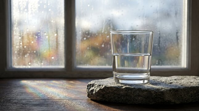 Half Full Glass of Water on Stone by a Rainy Window for 45 Minutes and 24 Hours Hydration