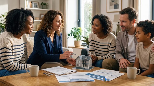 Real Estate Agent Consulting Family for Buying New House. Concept of mortgage, consultation.