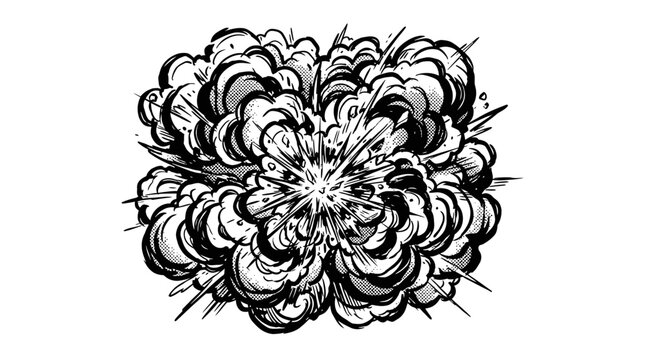 Dramatic Bursting Cloud Illustration Depicting Energetic Explosion With Dynamic Smoke And Spark Effects In Black And White Sketch Style For Powerful Visual Impact And Thematic Representation Of