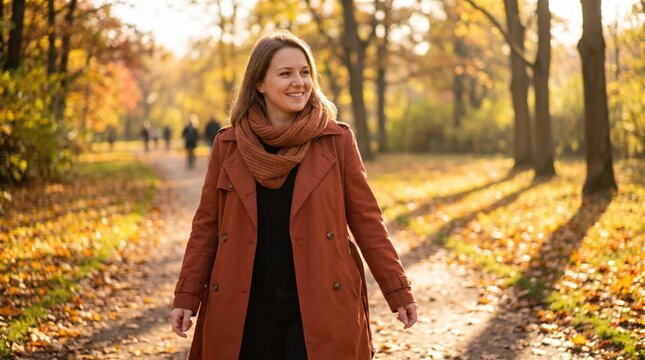 Happy Woman Walking in Autumn Park. Concept of autumn fashion, fall coat.