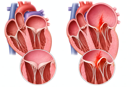 Mitral valve prolapse anatomy diagram, regurgitation, cardiology medical illustration showing mitral valve prolapse with posterior leaflet billowing,elongated chordae and mitral regurgitation backflow