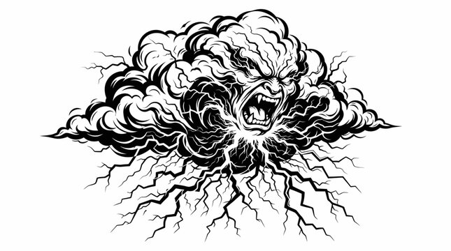 Fearsome storm cloud formation with an angry face and radiating lightning bolts rendered in a dramatic black and white art style conveying immense power and celestial fury during a turbulent