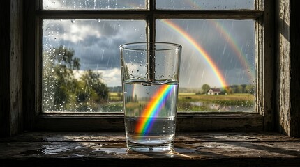 Fototapeta premium Clear glass of water on a rustic wooden windowsill with a double rainbow and rain on the window pane