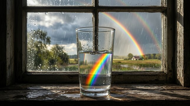 Clear glass of water on a rustic wooden windowsill with a double rainbow and rain on the window pane