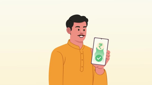 indian man using upi digital rupee mobile payment animation