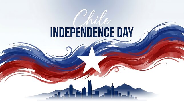 Chile independence day celebration banner with watercolor flag and santiago city skyline silhouette