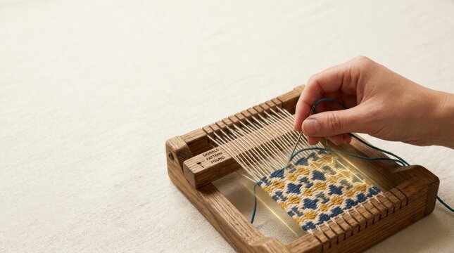 Hand weaving geometric textile pattern representing ai pattern recognition in detecting meaningful structures within data