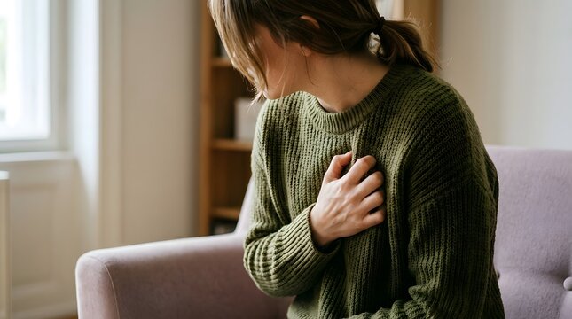 Woman experiencing sadness or heartbreak sitting on a couch
