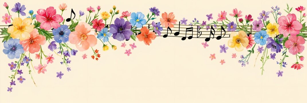 Colorful flowers bloom with musical notes above a soft background