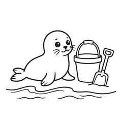 Cartoon seal with bucket and shovel on beach outline coloring vacation