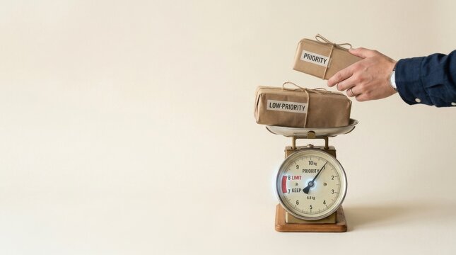 Business prioritization visualized through a person weighing a bag on a scale to decide resource allocation effectively