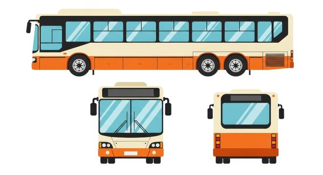 Modern City Bus Vector Illustration Set with Front Side and Back Views for Public Transportation Design