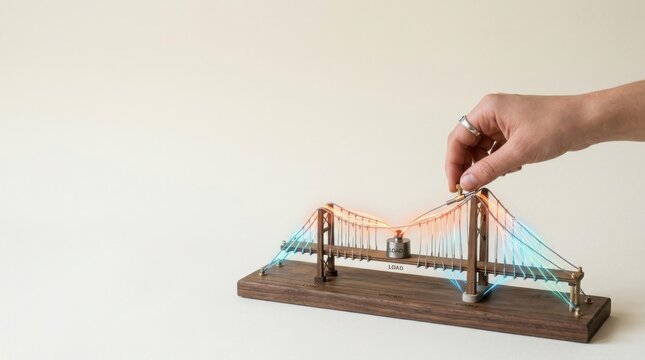 Business resilience visualized as a person tightening a string bridge to distribute pressure and prevent system collapse