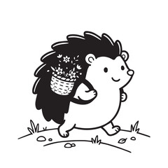 Fototapeta premium Cute cartoon hedgehog carrying a flower basket illustration with line art