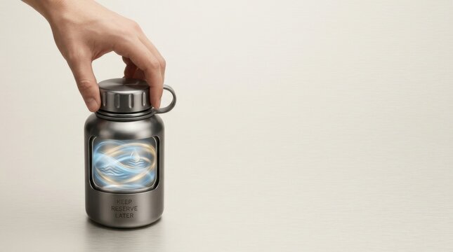 Person's hand holding a water bottle to visualize cash buffer and preserving resources for future difficult conditions