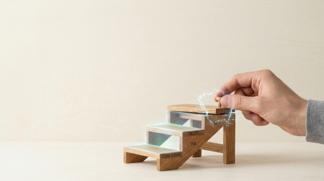 Erosion of customer trust visualized by unstable experiences affecting relationships with wooden toy interaction