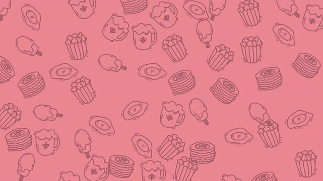 Seamless pattern background with various food and drink icons on a pink surface.