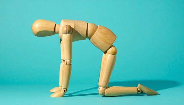 Wooden Mannequin Bending Over in Pain Holding Lower Back and Knee Conceptualizing Physical Fatigue and Body Aches