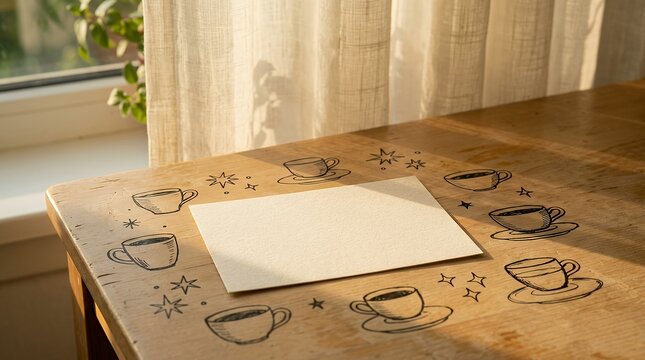 Blank Greeting Card on Wooden Table with Hand Drawn Coffee Icons for a 16 Minute Morning Break
