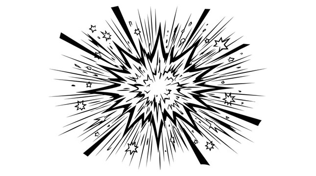 Dynamic explosion burst comic style artistic representation with radiating lines and small star accents conveying impact and energy in a graphic visual concept