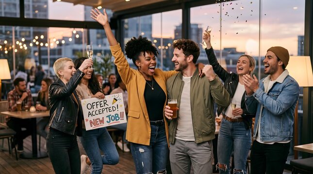 Excited friends cheering and celebrating victory together in modern pub