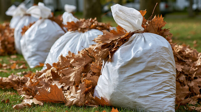 White plastic bags filled with dry autumn leaves sitting on green grass. Perfect for yard cleanup and seasonal landscaping concepts.