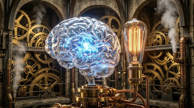 Steampunk human brain with glowing gears and lightbulb representing innovation and mind concept