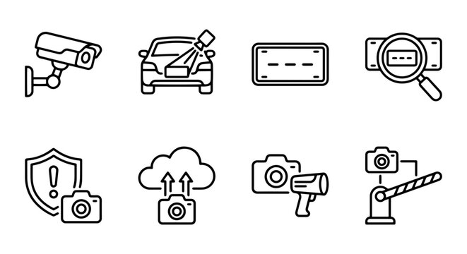 License Plate Recognition Icons, ANPR Technology Symbols, Car Security Camera Vector Graphics, Traffic Monitoring System