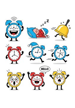 Cute Cartoon Alarm Clock Characters Set with Various Emotions and Poses for Time Management and Morning Routine Concepts