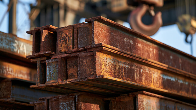 Rusty steel beams stacked at an outdoor industrial construction site under daylight. Industrial manufacturing concept for heavy engineering ads.