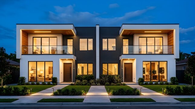 Modern craftsman style duplex home exterior with warm lighting at twilight featuring symmetrical contemporary architecture