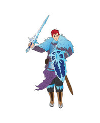 Fantasy character illustration featuring a warrior with red hair, clad in blue and lavender armor with fur details.