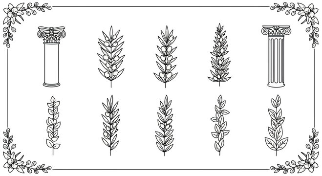 Classical columns with botanical borders and leaf sprig set.