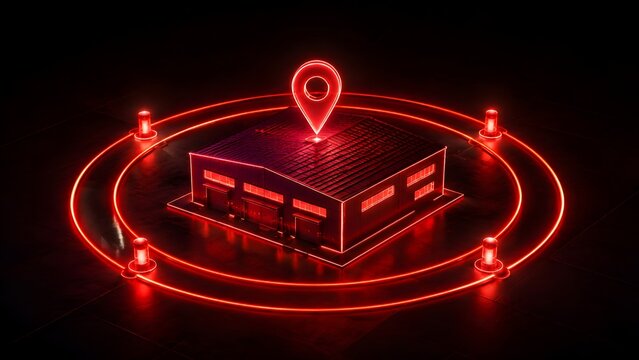 Logistics tracking and facility geofencing concept featuring a glowing neon location pin over an industrial warehouse.