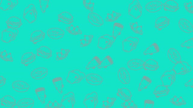 Seamless pattern with hand drawn fast food icons on a vibrant turquoise background.