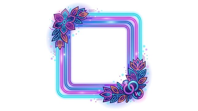 Neon square frame with vibrant glowing lights and abstract digital art elements
