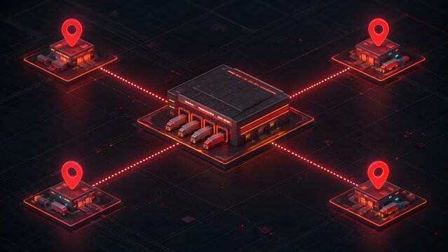Centralized hub and spoke distribution system illustrating a main warehouse connecting to regional facilities with glowing tracking lines.