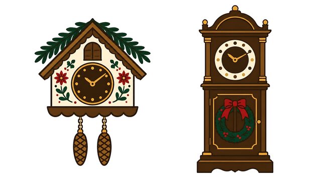 Christmas cuckoo clock and grandfather clock seasonal illustrations with grandfather christmas branches decorations interior seasonal ornaments timepiece illustration isolated background